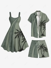 Coconut Tree Tropical Leaf Print Plus Size Matching Hawaii Beach Outfit For Couples
