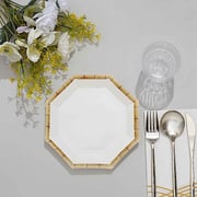 25 White Octagon Disposable Dinner Salad Paper Plates with Bamboo Print Trim