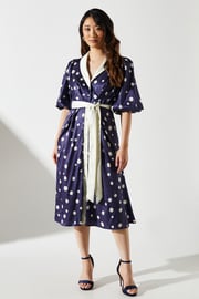Short Sleeve Satin Polka-Dot Wrap Dress