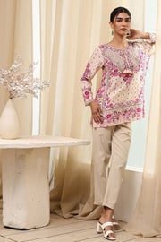 Off-White and Pink Modal Blend Straight Short Kurta