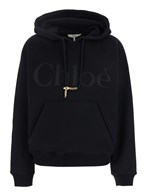 Black Hoodie with Lettering Logo Printed on the Front and Metallic Pendant Detail in Cotton Woman