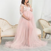Maternity Elegant V-neck Stitching Sheer Mesh Gown Pink Dress