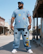 Big & Tall Men's Fashion Street Printed Denim T-Shirt Pants Suit