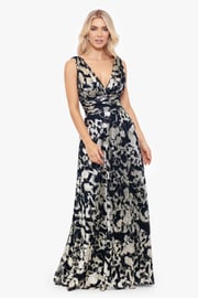 Petite "Maria" Long Foil V-Neck Floor Length Dress
