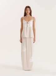 Beige Linen Blend Flower Detail Maxi Skirt- Dori