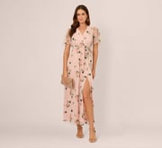 Floral Embroidered Maxi Dress With Sheer Flutter Sleeves In Blush Multi