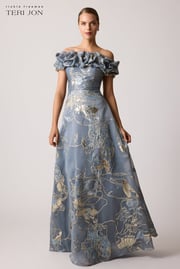 Jacquard Scrunch Bodice Off Shoulder Gown