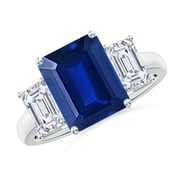 Lab-Grown Emerald-Cut Blue Sapphire and Lab Diamond Three Stone Ring