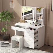 Makeup Vanity Set with Sliding Lighted Mirror, Cushioned Stool, 5 Drawers & Shelves