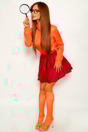 Sexy Velma Orange Long Sleeve High Neck Top Skirt 4Pc Costume
