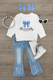 "She Is Worthy" Denim Bow Flare Pant Set