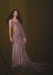 Taupe Ready Pleated Sequins Saree With Ruching And Matching Strappy Blouse