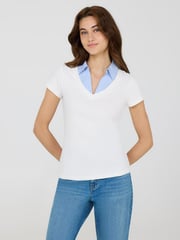 Poplin Collar Ribbed V-Neck Top