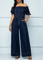Button Belted Navy Long Off Shoulder Jumpsuit