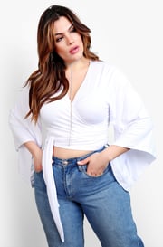 Go On Kimono Sleeve Wrap Around Tie Front Crop Top - White