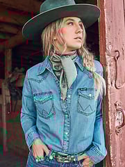Women's Long Sleeve Western Snap Denim Shirt in Mid Denim
