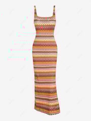 Women's Casual Vacation Geometric Knit Jacquard Thigh High Split Square Collar Sleeveless Midi Dress