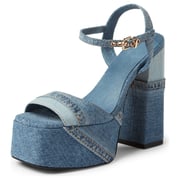 Women's Denim Patchwork Square Toe Heels Ankle Strap Platform Sandals