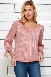 Roz & Ali 3/4 Length Tie Sleeve Pink Stripe Bubble Blouse