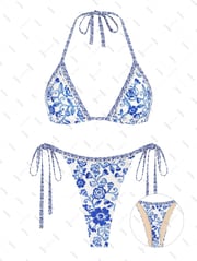 ZAFUL Women's Matching Two Piece Swimwear Floral Print Lace Insert Halter Tie Triangle Tie Side Thong Bikini Set