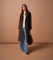 Brown Faux Suede Belted Trench Coat