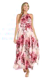 Flowy Chiffon Maxi Dress with Rose Print and Tiered Skirt