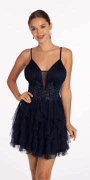 Glitter Illusion Tiered Plunge Fit and Flare Dress