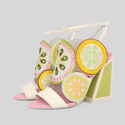 Multicolor Open-Toe Rhinestone Lemon Embroidered Women's Heel Sandals