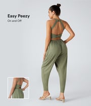 Backless Twisted U Neck Plicated Side Pocket Harem Casual Jumpsuit