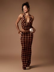 Plaid Halter Ring Detail Velvet Women Two-Piece Outfit Set