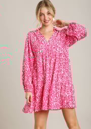Umgee Two Toned Printed Mini Dress in Hot Pink/Cream