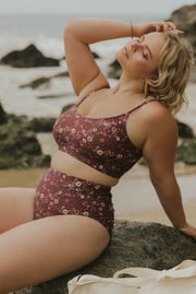 Charlotte High Waisted Bottoms | Maroon Ditsy Floral Swim Bottoms
