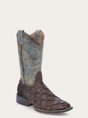 B5023 - MEN'S TOBACCO FISH PIRARUCU FADED TURQUOISE WIDE SQUARE TOE COWBOY BOOT