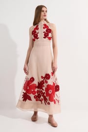 Applique Organdie Buttoned Halter Neck Maxi Dress | Karen Millen