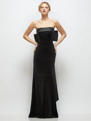 Black Velvet Maxi Dress with Strapless Satin Cuff & Long Bow at Back