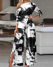 Tie Dye Print Skew Neck Wrapped Slit Wide Leg Jumpsuit