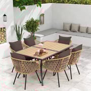 EROMMY 7-Piece Outdoor Dining Set – Rectangular Table with Umbrella Hole & 6 Rattan Chairs, Brown