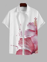 Men's Watercolor Floral Hibiscus Printed Button Up Casual Vacation Short Sleeves Shirt