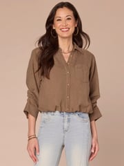 Three Quarter Tucked Sleeve Collar Button Down Bubble Hem Woven Shirt