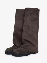 Women Black Flat Boots Round Toe Foldover Mid Calf Boots