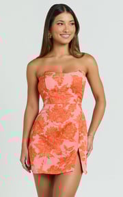 Brailey Mini Dress - Strapless Dress in Orange Jacquard