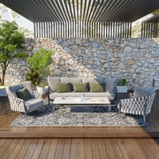 Reversible outdoor rug carpet, 9' x 12' waterproof plastic straw rug, gray & white floral