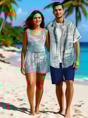 Matching Hawaii Shirt and Romper Plus Size Beach Outfit Tropical Leaf Ombre Printed for Couples