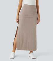 Ribbed High Waisted Split Hem A Line Maxi Casual Skirt