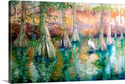Cypress And White Heron Stretched Canvas Print