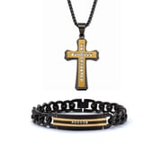 Men's Round Crystal Matte Black And Gold Ion-Plated Stainless Steel Cross Pendant Necklace And Bracelet Set, 26 Inch Chain