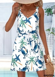 ROTITA Drawstring Marine Life Print White Short V Neck Dress