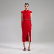 Self-Portrait Red Stretch Crepe Ruched Midi Dress Size 06 In Red