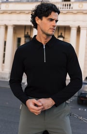 Rivoli Premium Rib Long Sleeve Zip Polo in Black