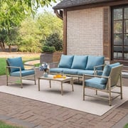 PHI VILLA 5-Seat Outdoor Steel and Rattan Sofa with Wood Grain Coffee Table
